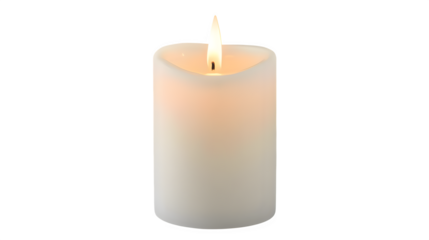 White pillar candle with glowing flame on a neutral gray background