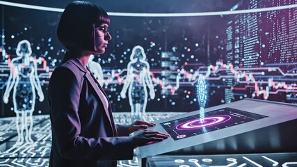 Woman scientist operates holographic medical interface with human anatomy visualization in futuristic laboratory with digital body scan projections. Female researcher analyzes biometric data on intera - Powered by Adobe