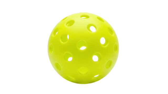 Bright yellow pickleball ball PNG isolated on transparent background, perforated plastic sphere for sports and recreational activities