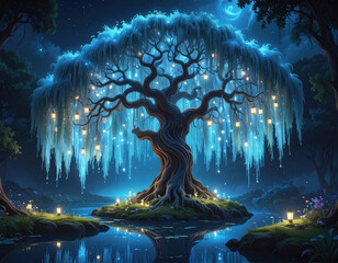 Majestic willow tree illuminated by lanterns enchanting lake nighttime fantasy serene environment artistic viewpoint