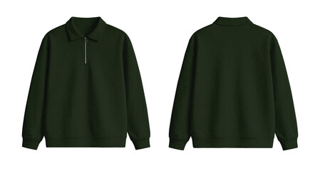 Blank Army Green Quarter Zip Polo Sweatshirt Mockup Front and Back Isolated on Transparent Background © Drip