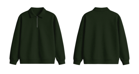 Blank Army Green Quarter Zip Polo Sweatshirt Mockup Front and Back Isolated on Transparent Background