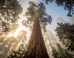 Majestic sequoia trees rise against misty sunrise in secluded forest nature photography serene landscape view