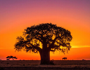 Majestic baobab tree silhouette at sunset in african savanna nature photography tranquil landscape vibrant colors