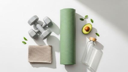 Fitness essentials for a healthy lifestyle with yoga mat and dumbbells
