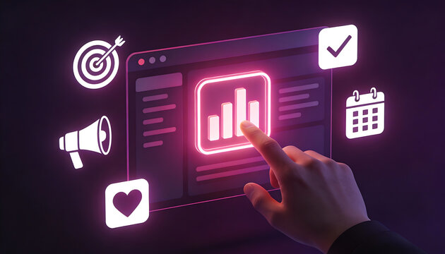 Hand analyzing marketing performance dashboard with glowing bar chart target megaphone calendar and approval icons digital campaign analytics social media planning - Powered by Adobe