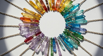 Overhead radial circle of colorful gemstones on white with sparkling luxury light