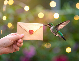 Hummingbird delivering love letter garden setting nature photography soft bokeh background close-up view symbolism of connection