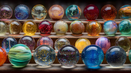Shelf of colorful glass spheres each holding a unique galaxy with vivid celestial displays inside
