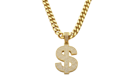 Gold dollar sign pendant with diamonds isolated PNG, luxury jewelry for wealth and success on transparent background
