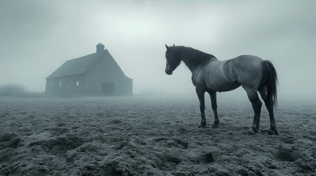 Majestic horse stands vigilantly in bleak, heavily fogged field, facing away from isolated, ghostly stone barn on cold, winter morning.
