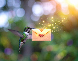 Hummingbird delivering love letter with sparkles nature background magical scene close-up view