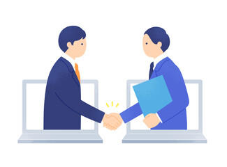 オンライン商談と電子契約の成立。パソコン画面越しに握手するビジネスパーソン。