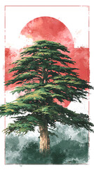 Symbolic artistic reinterpretation of the lebanese flag with painted skies mist and cedar