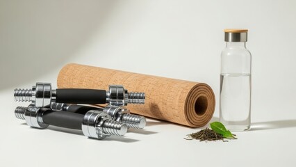 Fitness essentials with dumbbells, yoga mat, and green tea