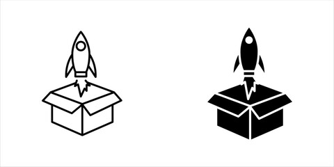 Obraz premium Minimal outline icon of a rocket launching from a box, symbolizing startup launch, innovation, new product, creativity, and business growth.