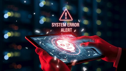 Hands holding tablet displaying AI system error alert with warning symbol inside data center. Cybersecurity threat, software failure, hacking risk, and critical digital infrastructure issue. - Powered by Adobe