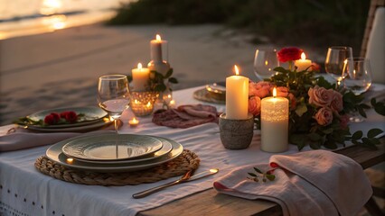 Romantic dinner setting on beach at sunset with candles and roses