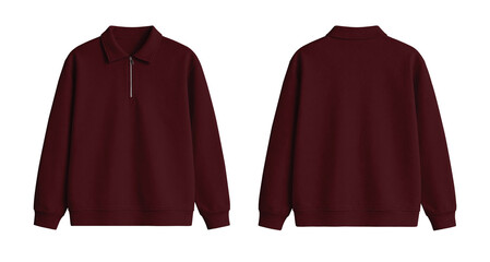 Blank Burgundy Red Quarter Zip Polo Sweatshirt Mockup Front and Back Isolated on Transparent Background © Drip