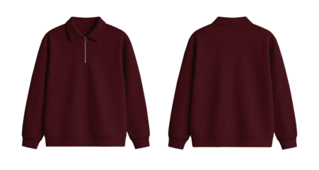 Blank Burgundy Red Quarter Zip Polo Sweatshirt Mockup Front and Back Isolated on Transparent Background