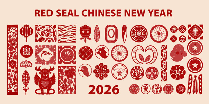 Red seal chinese new year decorations and traditional symbols with the year 2026