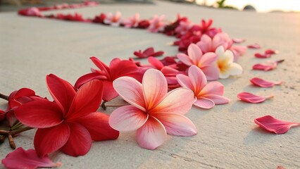 A romantic path of pink and red frangipani flowers arranged in a gentle curve on a sandy beach at sunset, tropical love concept