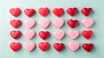 A top down view of twenty five heart shaped candies in rows, alternating between light pink and vibrant red colors, against a soft blue background