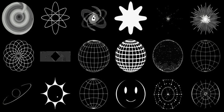 Abstract collection of mathematical shapes and forms in a monochrome style