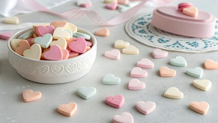 Assorted heart shaped candy in white bowl on table for valentine celebration