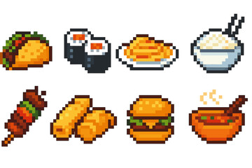 Pixel food icon set. Delicious pixel art icons for culinary projects and menus.