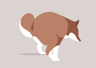 A funny dog happily squatting to relieve itself, surrounded by grass, radiating joy and energy on a bright, sunny day in a park