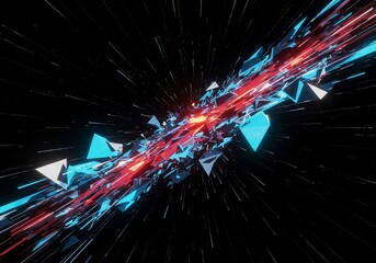 Dynamic digital visualization illustrating vector change, disruption, and geometric relocation within an infinite abstract space, distance, shift, motion