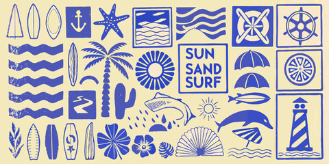 A collection of nautical and tropical themed icons in blue and beige © Bipul