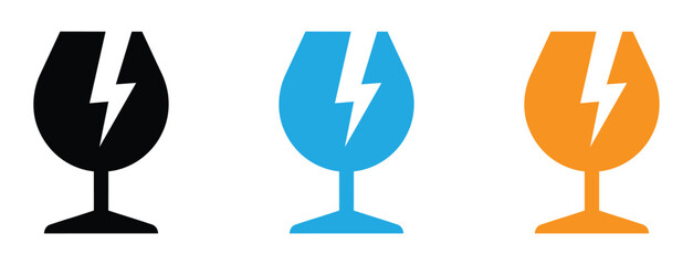 Electric wine glasse. Fragile glass icons with crack symbol representing breakable materials, product safety, caution handling, shipping care, and packaging warning in variations.