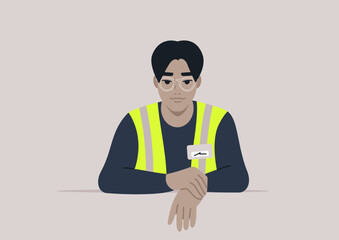 A dedicated individual wearing a high visibility vest with a transparent eye frame is focused on tasks in a well-lit, contemporary workspace, showcasing safety and professionalism