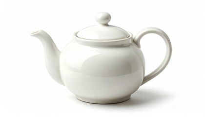 and keyword list based on the image

 Ceramic Teapot Standing On White Background. A close-up studio shot of a classic design tea pot
