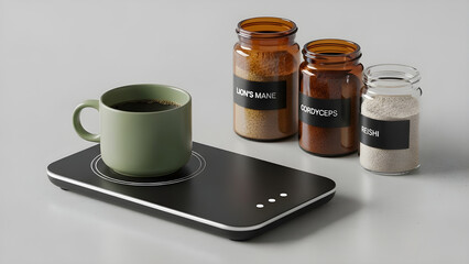 Modern kitchen with green coffee mug on heating pad and jars of lion's mane, cordyceps, reishi