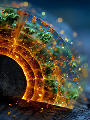 Tree rings shown as layered glowing amber resin with moss like holographic particles and refracted light