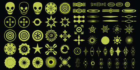 A collection of glowing neon green alien heads symbols and geometric shapes © Bipul