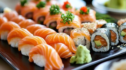 Assorted Japanese Cuisine Platter Featuring Sushi Rolls, Salmon Nigiri, and Uramaki Sushi Set
