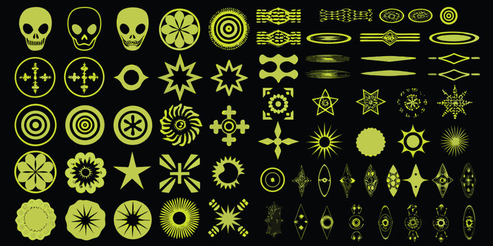 A collection of glowing neon green alien heads symbols and geometric shapes