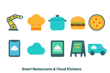 Smart restaurant and cloud kitchen solid icon set with modern cooking tools