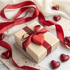 Romantic gift box with red ribbon and heart decorations, Valentine&rsquo;s Day love concept.