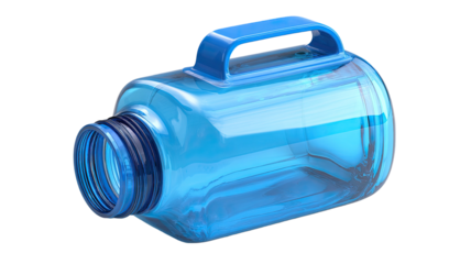 A clean, transparent blue plastic water bottle with a clear cap containing fresh mineral liquid is isolated on a white background as a healthy cold beverage container