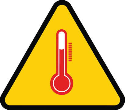 High temperature warning sign with thermometer icon, heat hazard and safety caution symbol flat vector illustration