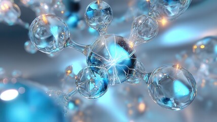 Abstract glass molecules forming complex network structure with glowing blue energy surface metallic connections