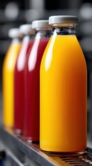 Juice bottles on conveyor belt arrangement of various juice bottles moving along a conveyor belt for processing or packaging