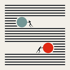 A minimalist business vector concept illustration showing a man and woman pushing spheres along parallel lines, representing individual effort, gender equality, and professional teamwork.