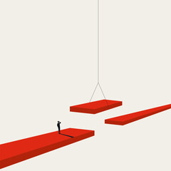 A minimalist business vector concept illustration of a man watching a crane lower a bridge section, symbolizing partnership, external help, and bridging gaps toward successful goals.