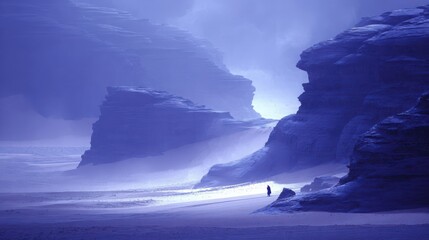 A lone silhouetted figure walks across a vast desert expanse under a hazy twilight sky with dramatic rock formations.